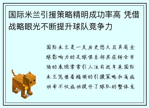 国际米兰引援策略精明成功率高 凭借战略眼光不断提升球队竞争力