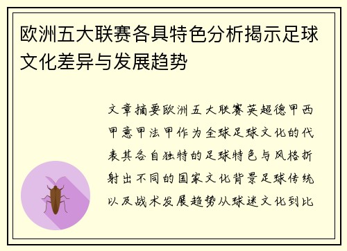 欧洲五大联赛各具特色分析揭示足球文化差异与发展趋势